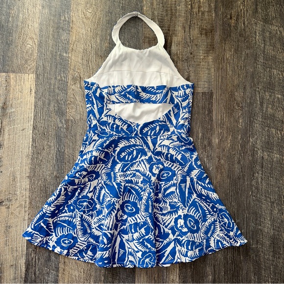 PARKER blue / white tropical print ruffled halterneck mini dress S - Picture 8 of 11